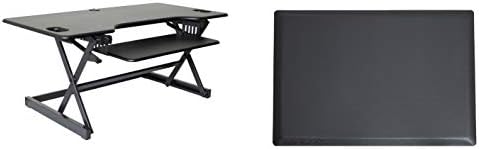 Rocelco 46" Large Height Adjustable Standing Desk Converter with Anti Fatigue Mat BUNDLE - Quick Sit Stand Up Triple Monitor Riser - Retractable Keyboard Tray - Black (R DADRB-46-MAFM)