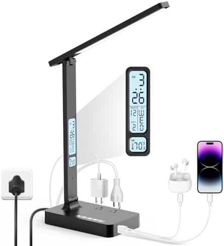 Infiway Desk Lamp with USB Charging Port: LED Stepless Dimmable Eye Caring Desk Light for Home Office - 1 Type-C, 1 USB-A Charging Port, 2 AC Power Outlets, Multiple Light Modes for Study and Bedroom