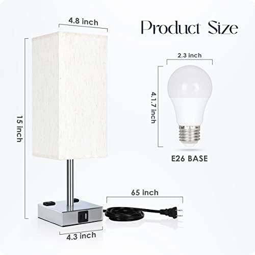 Bedside Lamp with USB Ports - Touch Control Table Lamp for Bedroom with USB C+A Charging Ports & AC Outlets, 3 Way Dimmable Nightstand Light for Living Room (LED Bulb Included, Chrome - Flaxen)