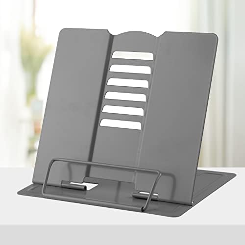 Honagu Metal Desk Book Holder, Hands Free Adjustable Cookbook & Document Holder, Portable Bookstand for Music Books, Textbooks, Recipes, Tablets & iPads (Grey)