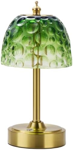 Mini Rechargeable Cordless Touch Table Lamp, Battery Powered, Green Bubble Glass Shade, 2600mAh, 3 Color Temperatures, Stepless Dimming, for Bedside Dresser Bookshelf