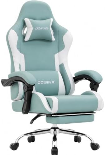 Dowinx Ergonomic Gaming Chair with Footrest & Massage Lumbar, 2D-Linkage Armrests for Computer Chair 330lbs with Headrest Pillow for Office, Home, Streaming and Long Gaming Sessions, Fabric Blue White