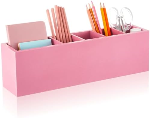 Jetec Wooden Pencil Pen Holder for Desk, Pink, 6 Compartments
