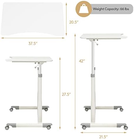 COSTWAY Mobile Height Adjustable Standing Desk, Compact Pneumatic Sit to Stand Computer Desk w/Lockable Casters, Ergonomic Rolling Laptop Table w/Steel Frame for Home Office (White)