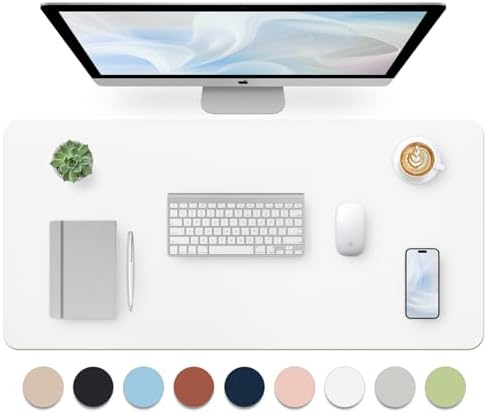 Leather Desk Pad, Large Mouse Pad, Non-Slip Desktop Mat, Leather Desk Blotter, Computer Desk Pad, Waterproof Desk Protector Mat for Home Office and Decor - White (35.4×15.7 Inches)
