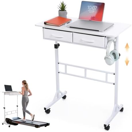 Small Standing Desk with 2 Drawers, Rolling Computer Desk for Walking Pad