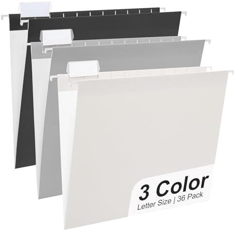 Y YOMA 36 Pack Gradient Hanging File Folders Letter Size Decorative Hanging Folder Pretty File Folder Organizer for Filing Cabinet Office Home with 1/5-Cut Adjustable Tabs, Ash Grey