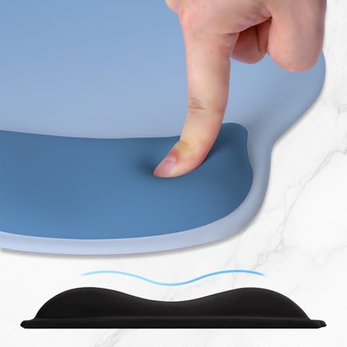 ITNRSIIET Ergonomic Mouse Pad with Wider Memory Foam Wrist Rest +17%, Curved Cushion Reduces Pressure 20%, Pain Relief, Non-Slip, Smooth, Cute Color Desk Accessory, 9.85 x 9 inch, Blue