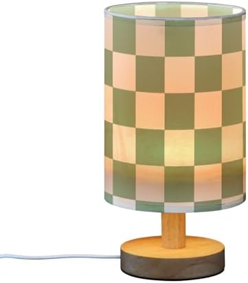 Bedside Lamp Green White Checkered Pattern Table Lamp for Bedroom LED Nightstand Lamp Shade USB Ports Wood Base for Living Room Dorm Office