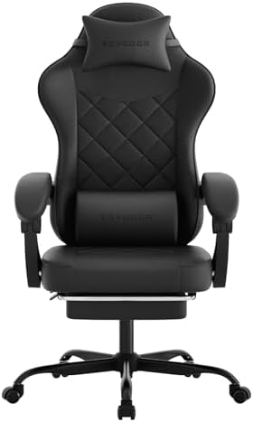 Gaming Chair with Footrest, Ergonomic Leather Computer Chair with Lumbar Support, Height Adjustable High Back Swivel Office Chair for Adults, Gamer Chair for Gaming, Working,Black