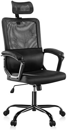 OLIXIS Ergonomic High Back Office Chair – Breathable Mesh with Adjustable Headrest and Lumbar Support, Executive Padded Armrest, Height Computer Task Swivel Rolling, Black (WY56597BK)