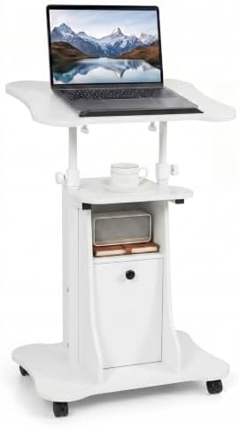 Giantex Mobile Podium Stand, Sit-to-Stand Laptop Cart with Tilting Tabletop & Storage Cabinet, Lockable Casters, Height-Adjustable Rolling Lectern for Classroom, Church, Home Office (White)