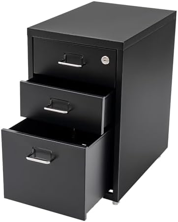 3 Drawer File Cabinet with Lock, Freestanding Filing Metal Drawers Organizer Vertical Metal Rolling Organizer Movable Under Desk Cabinet with Wheels for Home Office Living Room Study (3 Tiers Black)