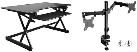 Rocelco 40" Height Adjustable Standing Desk Converter with AC Outlet USB Charger and Dual Monitor Arm Mount - Sit Stand Up Tabletop Riser - Sliding Keyboard Tray - Black (R DADRB-40-ACUSB-DM2)