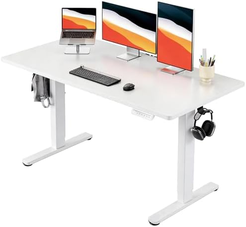 HUANUO Electric Standing Desk, Whole Piece Desktop, Adjustable Height Computer Desk, 4 Height Memory Settings, Sit Stand Up Desk for Home Office, 55" x 27", White