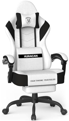 Ferghana Cotton Fabric Gaming Chair - Wider Seat Cushion, Shield-Shaped Embroidery, Ergonomic High Back with Footrest, Computer Gamer Chair for Adults Featuring Massage Lumbar Support, White