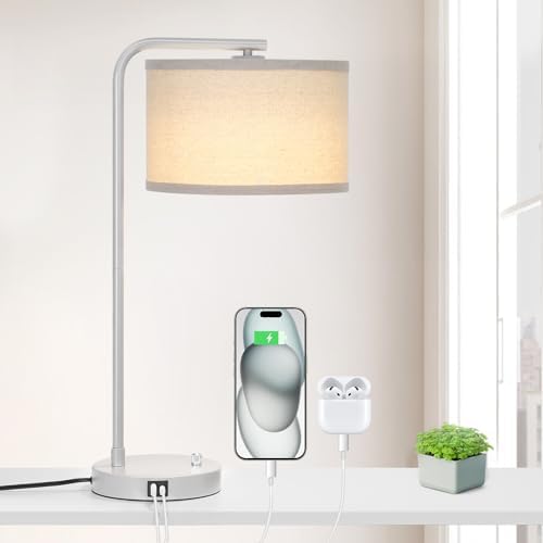 25" Tall Table Lamp with USB C+A Ports, Fully Dimmable Nightstand Lamp