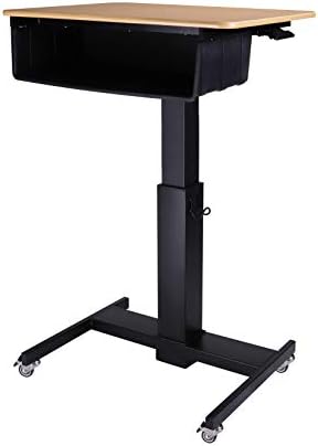 Rocelco 28" Height Adjustable Mobile School Standing Desk with Book Box Bundle- Quick Sit Stand Up Home Computer Workstation - Gas Spring Assist Office Laptop Riser Cart - Wood Grain (R MSD-28-BB)