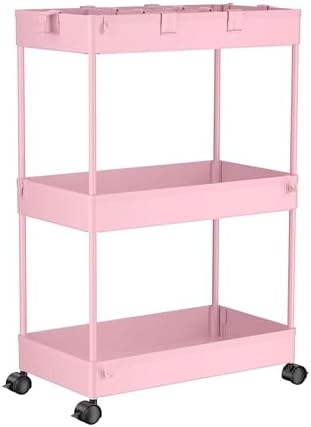 SPACELEAD 3 Tier Rolling Cart with Wheels, Storage Craft Art Trolley Organizer Serving, 3 Hanging Baskets Easy Assembly, for Office, Living Room, Kitchen, Pink