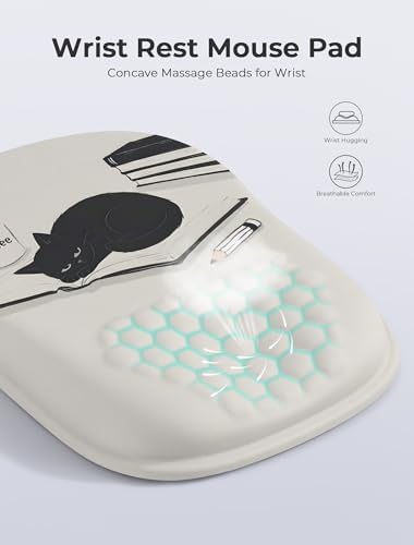 Ergonomic Mouse Pad with Cute Black Cat Design, for Carpal Tunnel Pain Relief, 65% Usable Mouse Area, Memory Foam Concave Wrist Rest for Office, PC, Gaming