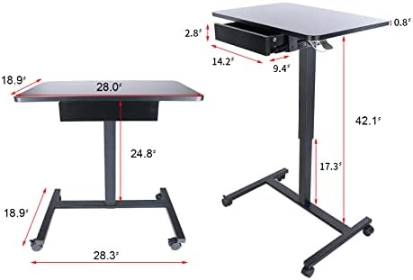 CLATINA Mobile Laptop Standing Desk, Height Adjustable Teacher Podium with Lockable Wheels, Adjustable Work Table with Drawer, Computer Cart Overbed Table for Home Office Classroom, Black