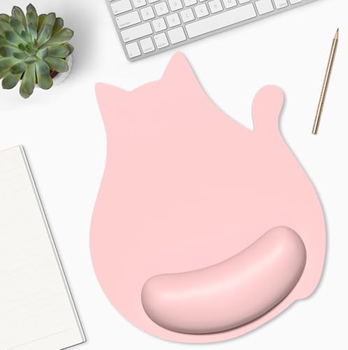 Ergonomic Mouse Pad with Wrist Rest, Cute Cat Memory Foam Padded Pain Relief Non-Slip Wrist Support Mouse Mat for Gaming Work Computer Laptop, Funny Office Supplies Desk Accessory, Pink