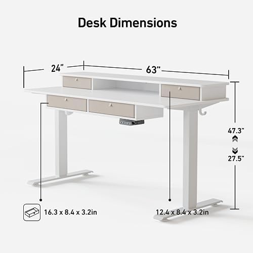 FEZIBO 60 x 30 inch Standing Electric Desk with Drawers, White