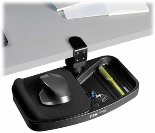 TRIPP LITE Under Desk Storage Tray Clamp-on Storage Tray w Mouse Pad, Wrist Rest - Office Desk Organizer 360 Swivel 5-Year Warranty (DMUDSC)