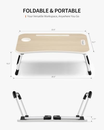 FISYOD Foldable Laptop Table, Portable Lap Desk Bed Table Tray, Laptop Stand with Cup Holder & Tablet Slot & Lifting Handle for Working Writing Drawing & Eating (Maple)