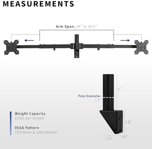 VIVO Premium Dual Ultra Wide LCD LED 27 to 38 inch Monitor Wall Mount, Heavy Duty, Telescoping Arms, Flush Wall Setup, Fits 2 Screens, Black, MOUNT-TS38B