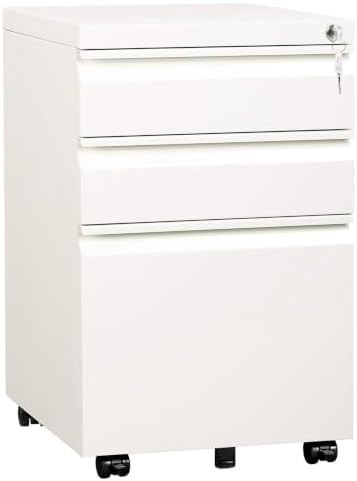 Mount-It! 3 Drawer File Cabinet with Lock and Wheels, Under Desk Storage Filing Pedestal for Home Office, No Assembly Small Rolling File Cabinet for Legal, Letter, and A4 Files in White
