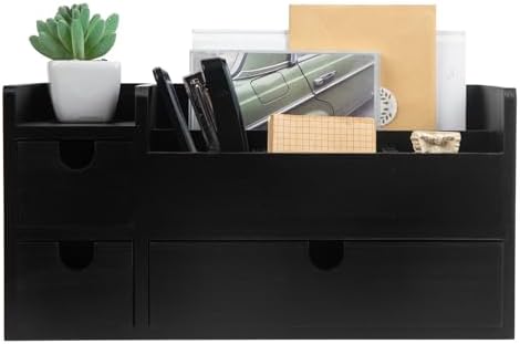 Vintage Black Wooden Desktop Organizer Removable Drawers Office Supplies Wood Storage Cabinet Caddy Box Stationery Pencil Slots Mail Holder Note Pads Accessories Home Makeup Tools Cosmetics