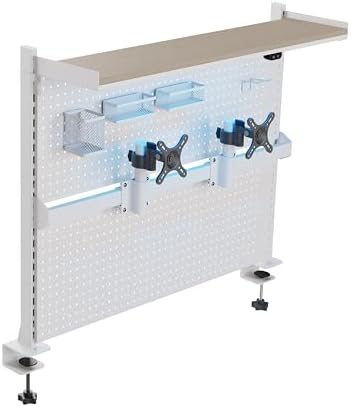 EUREKA ERGONOMIC Desk Pegboard with Dual Monitor Stands, LED Metal Pegboard for Gaming Desk, Privacy Panel with 4 Accessories Modular Hanging, Computer Accessories for Office, 43 x 34 Inch, White