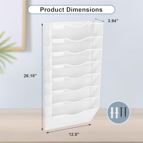 EASEPRES 8 Pocket Mesh Hanging Wall File Organizer, Wall Mounted Mail Paper Document Folder Holder, Clipboard Storage Organization Magazine Rack with Nametag Label for Office Home School, White