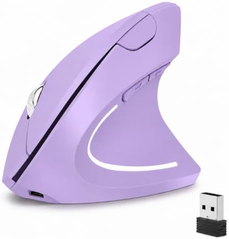 Ergonomic Vertical Wireless Mouse Stylish Rechargeable 2.4G Optical Mice Cordless Mouse with USB Receiver, 800/1200 /1600 DPI, 5 Buttons for Laptop,PC,Mac,Computer (Purple)