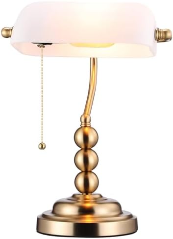 TORCHSTAR Ivory White Glass Bankers Desk Lamp with Pull Chain, E26 Base