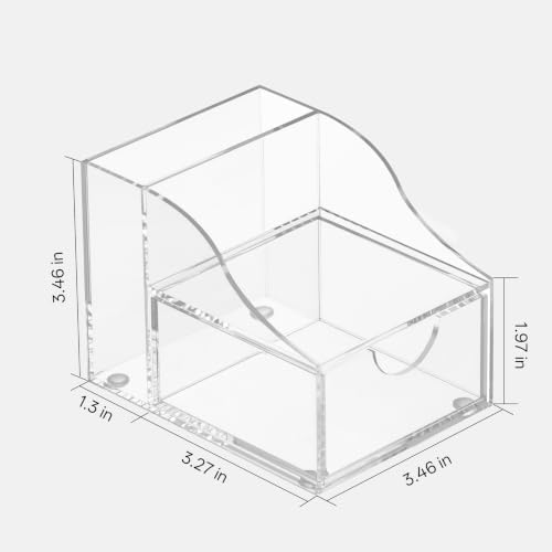 HBlife Acrylic Pen Holder for Desk, 3-Compartment Small Desk Organizer with Drawer, Clear Office Supplies Desk Accessories with Sticky Notes Holder Stores Post It Notes 3X3 for Office, Home and School