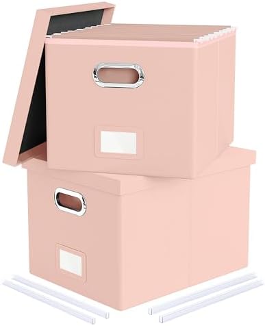 Oterri 2 Pack File Storage Organizer Box,Filing Box,Portable File Box with Lid,Fit for Letter/Legal File Folder Storage, Cream-pink(Leather)-Box only