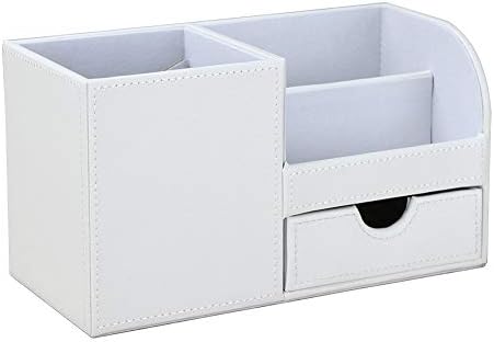 KINGFOM Desk Organizer Office Supplies Caddy Pu Leather Multi-function Storage Box Pen/Pencil,Cell phone, Business Name Cards Remote Control Holder with Small Drawer White