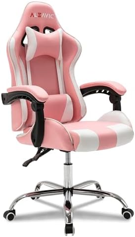 Gaming Chair with Massager, Fabric Gaming Chairs for Adults, Ergonomic Gamer Chair with Adjustable Headrest and Lumbar Support, Reclining Computer Game Chair, High Back, Pink White