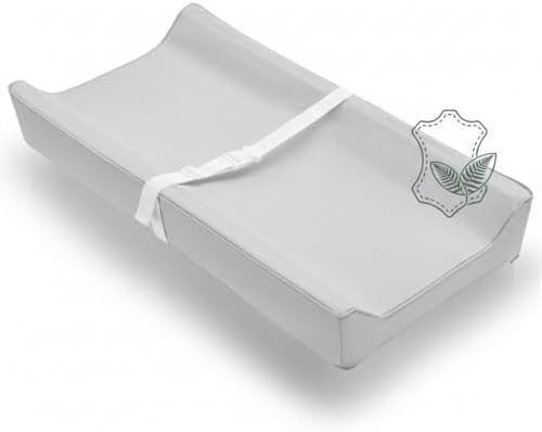 Vegan Leather Contoured Baby Changing Pad | Waterproof & Wipe-Clean PU Leather Diaper Change Mat, Soft, Wipeable Cover, Safety Strap, Non-Slip Bottom, Topper for Standard Infant Diaper Table & Dresser