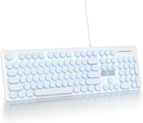 surmen Cute Quiet Keyboard Wired Typewriter Keyboard, Light Up Backlit PC Keyboards with Retro Round Keys Full Size 104 Keys for Office Computer (White)