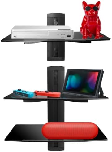 suptek 3 Floating Shelf Wall Bracket with Strengthened Tempered Glass for DVD Players/Cable Boxes/Games Consoles/TV Accessories, 3 Shelves, Black, CS303