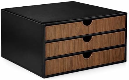 UnionBasic Document Organizer, 3-Drawer File Cabinet Document Storage Box, Office Desktop Filing Organizer, Black with Wood Grain Drawers