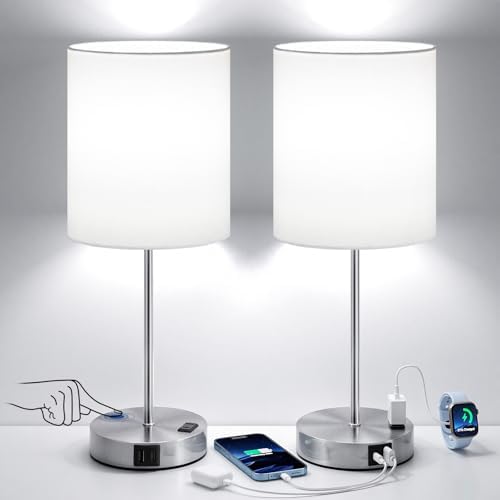 17.6" Silver Touch Lamps for Bedroom Set of 2, Dimmable, USB C+A, AC Outlet