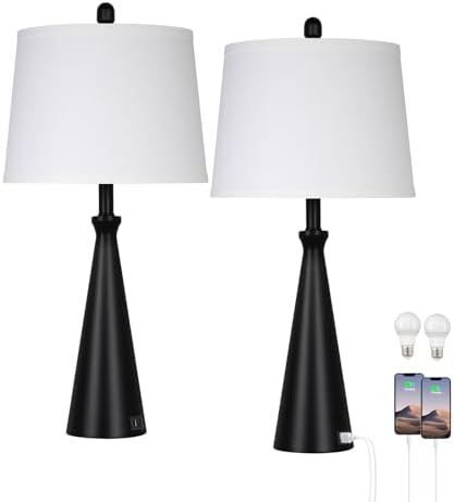 Rinweey 28" Black Table Lamps Set of 2, Touch Control Tall Living Room Lamp with USB A+C Ports,3-Way Dimmable Bedside Lamps for Nightstand,Modern Metal Bedroom Lamp,2 Bulbs Included