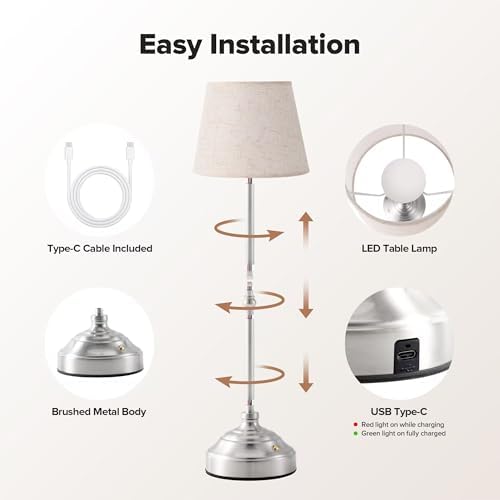 2 Pack Cordless Table Lamp, Rechargeable Desk Lamp with Fabric Shade, Battery Operated 3 Color Stepless Dimming, Small Touch Bedside Lamp Home Decor for Dining, Counter(Brushed Sliver)