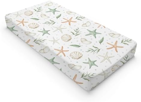 Watercolor Sea Animals Starfish Seashells Leaves Pattern Baby Changing Pad Cover, Unisex Ocean Nursery Diaper Changing Table Pad Mat Sheet for Boys Girls-16x32