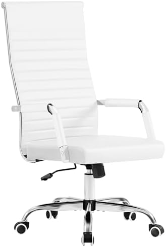 Furmax Ribbed Office Chair High Back PU Leather Executive Conference Chair Adjustable Swivel Chair with Arms (White)