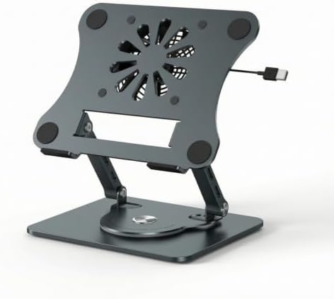 Laptop Cooling Stand Adjustable Ergonomic Riser Support with Fan and Metal Mesh Plate for Stable Desktop Tasks Suitable for Office Study Gaming Travel, Gray, Rotatable with Cooling Fan